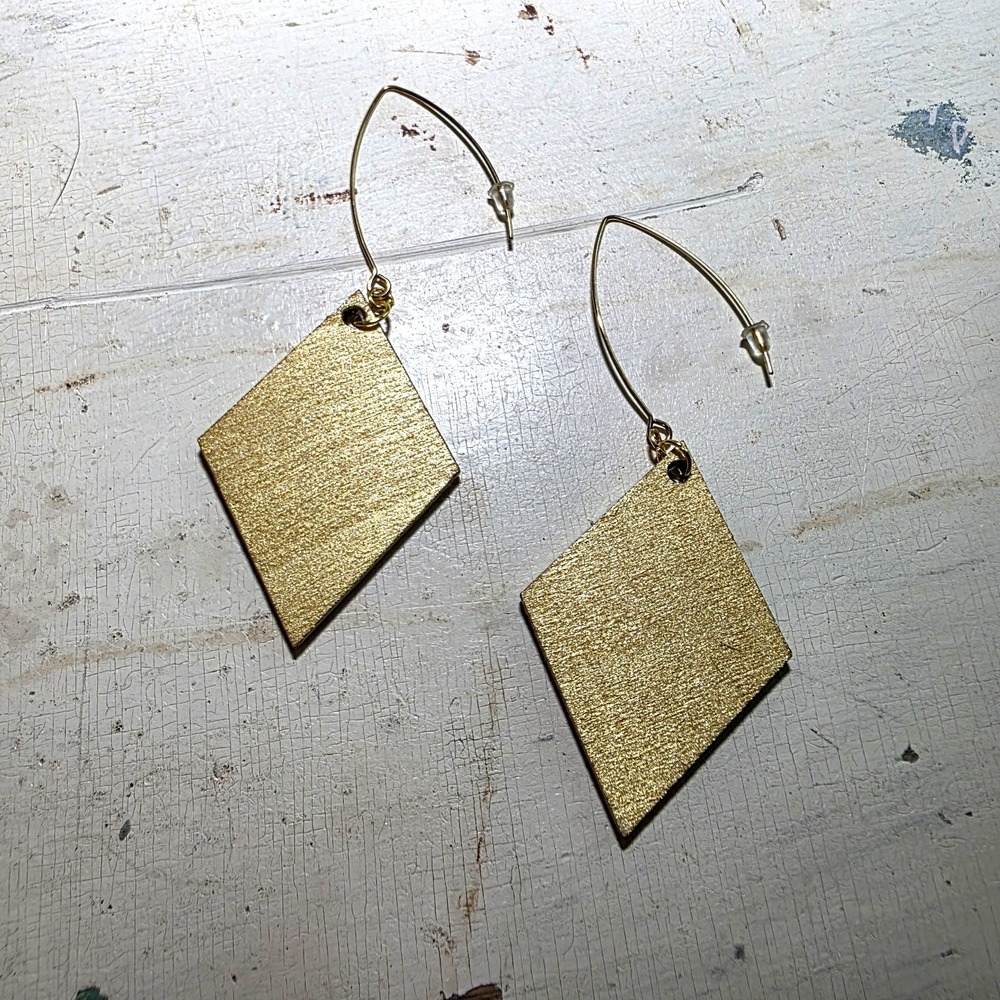 Handmade Abstract Wood Statement Earrings OOAK Taupe Brown Gold Metallic Dangles - Picture 4 of 7